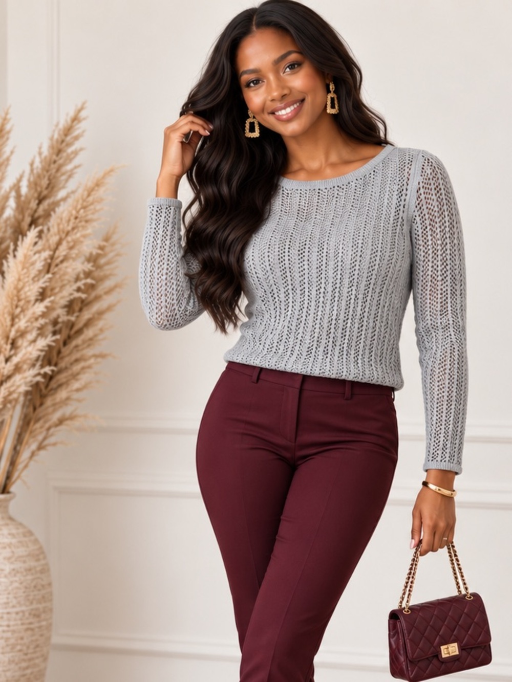 Talbots Gray Open-Weave Crewneck Sweater